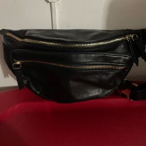 Banana Republic Black Leather Belt Bag with Gold Zippers
